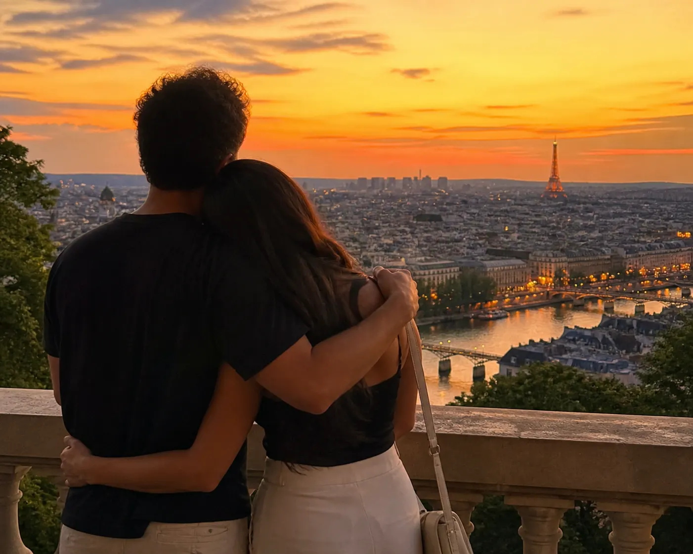 casal brasileiro abraçado contemplando a vista de uma cidade estrangeira ao entardecer